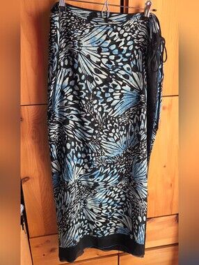 Dana Buchman Black & Blue Patterned Silk Tie Wrap Mai Skirt Size 16